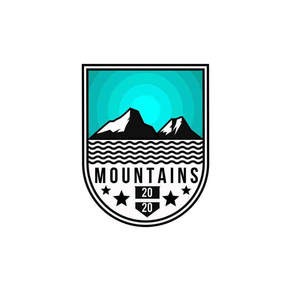 Design illustration mountain and ocean badge premium vector