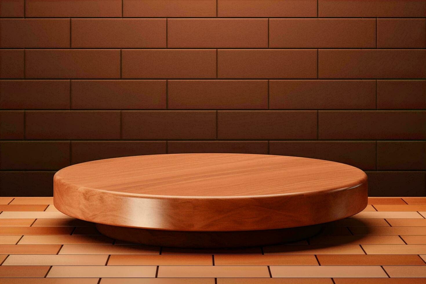 AI generated Wooden round podium on brick floor for product display photo