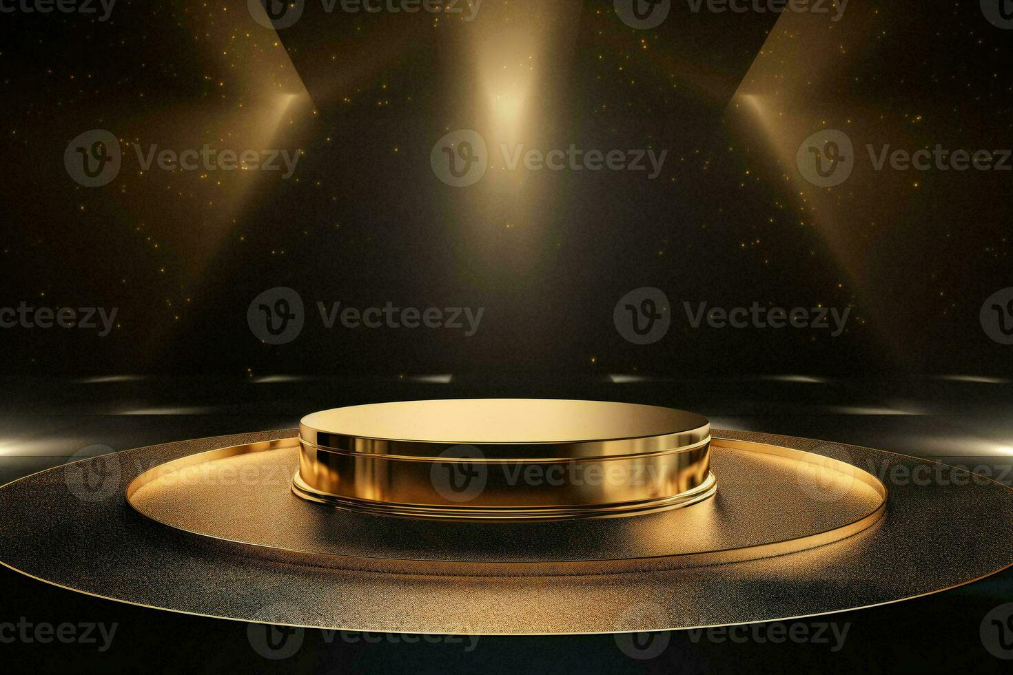 AI generated Luxurious gold podium stage on dark background with lights and sparkle. Can be used for display your product photo
