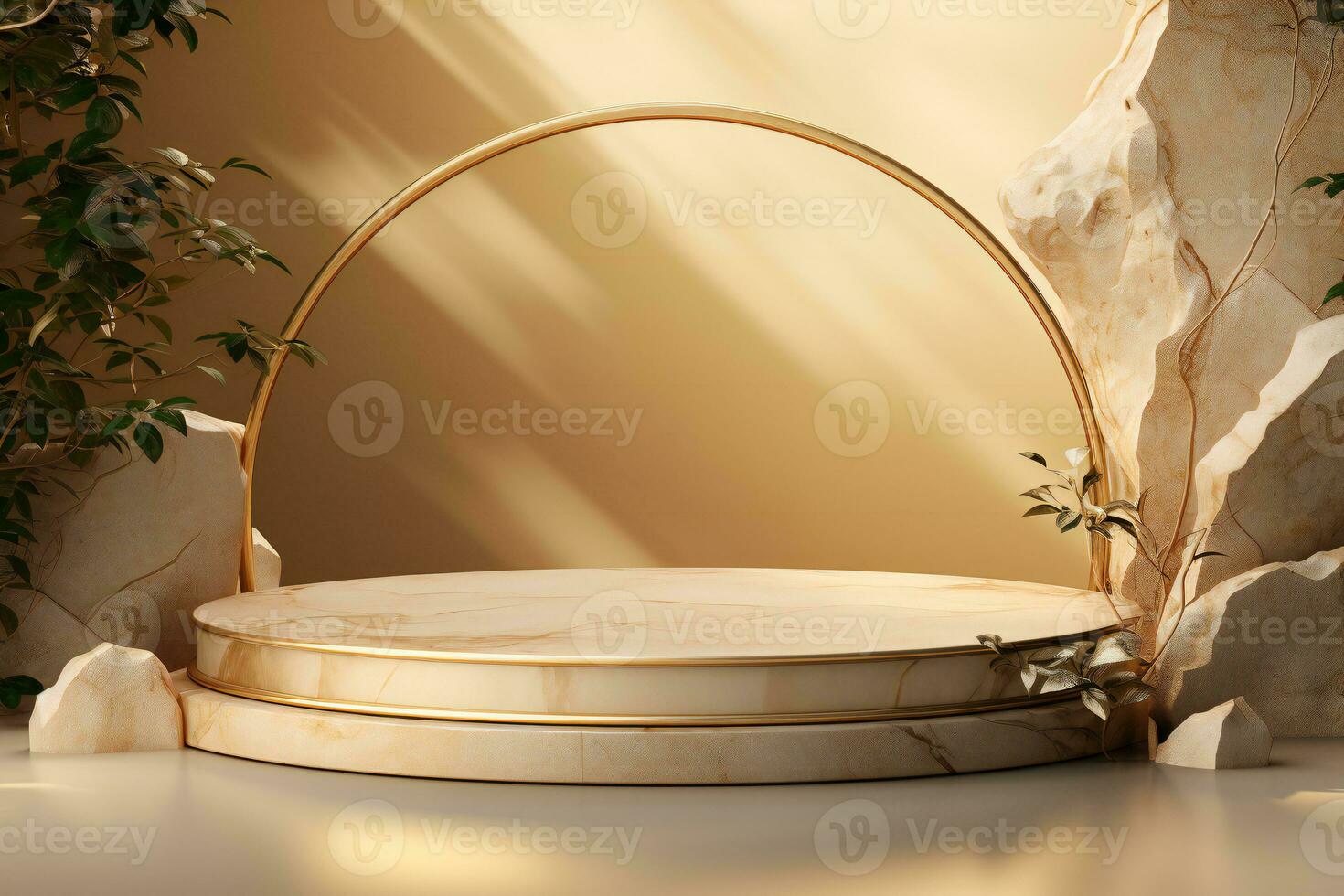 AI generated Luxurious marble podium with rocks and leaves and gold semi circle frame photo