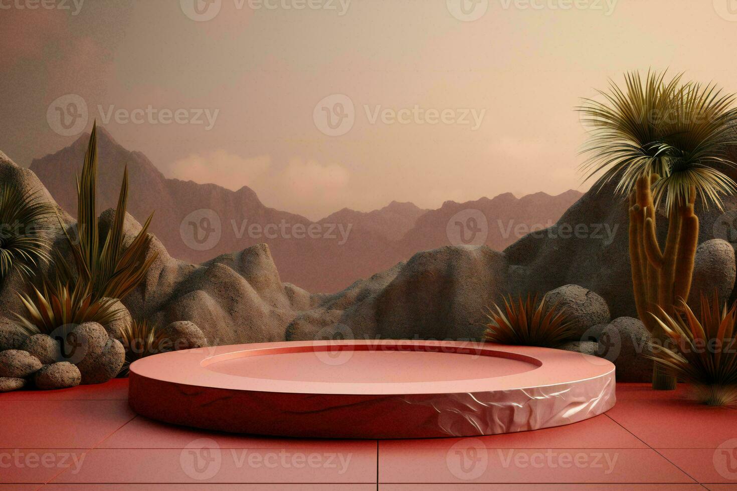 AI generated Round podium with rock mountain background. Can be used for display your product photo