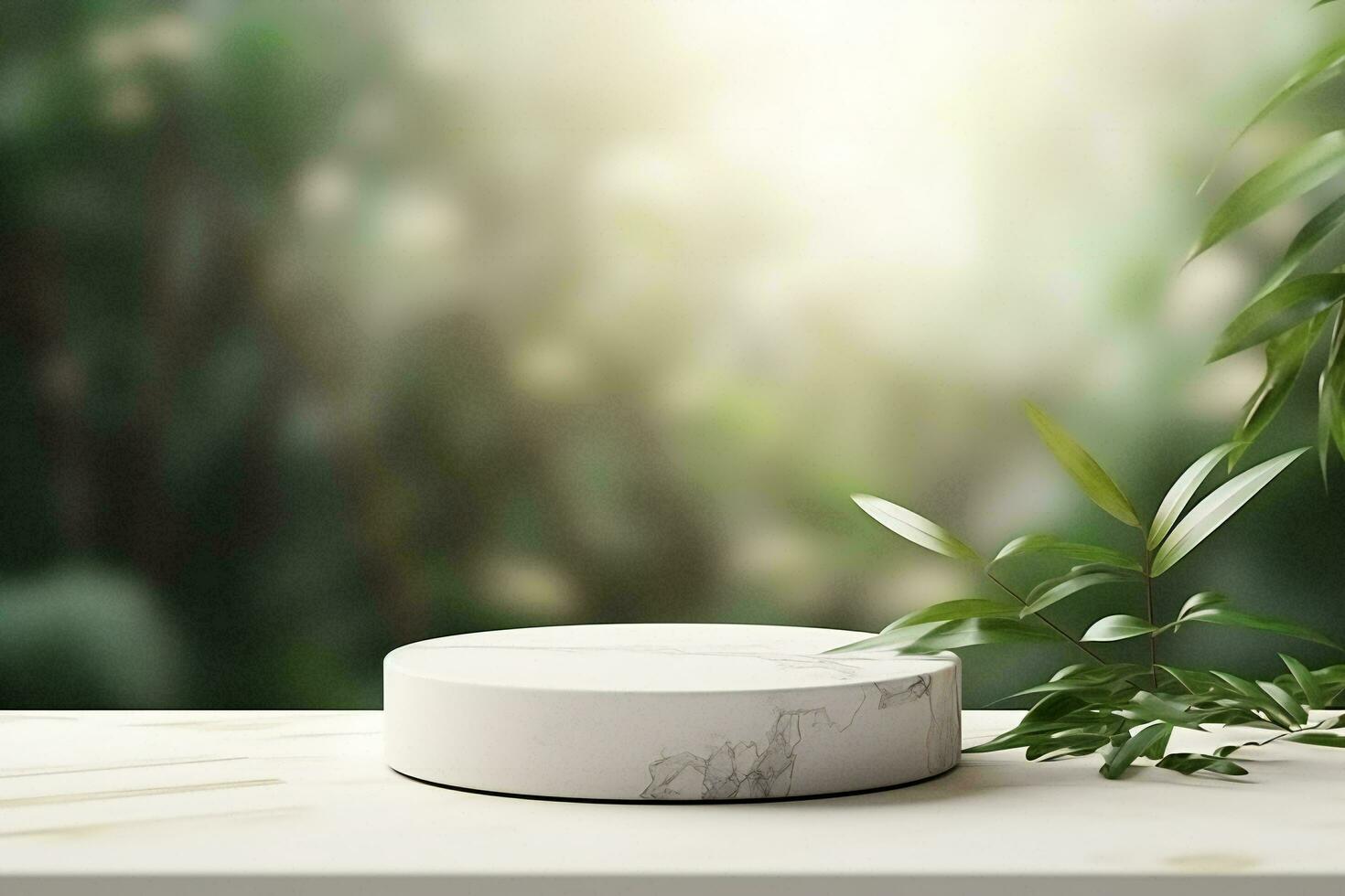 AI generated Marble podium with leaves on blurred nature background, for product display photo