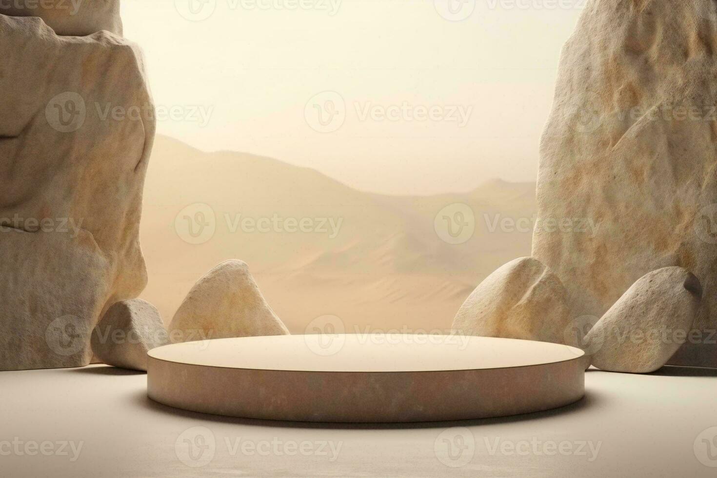 AI generated Round stone podium with rock mountain background. Can be used for display your product photo