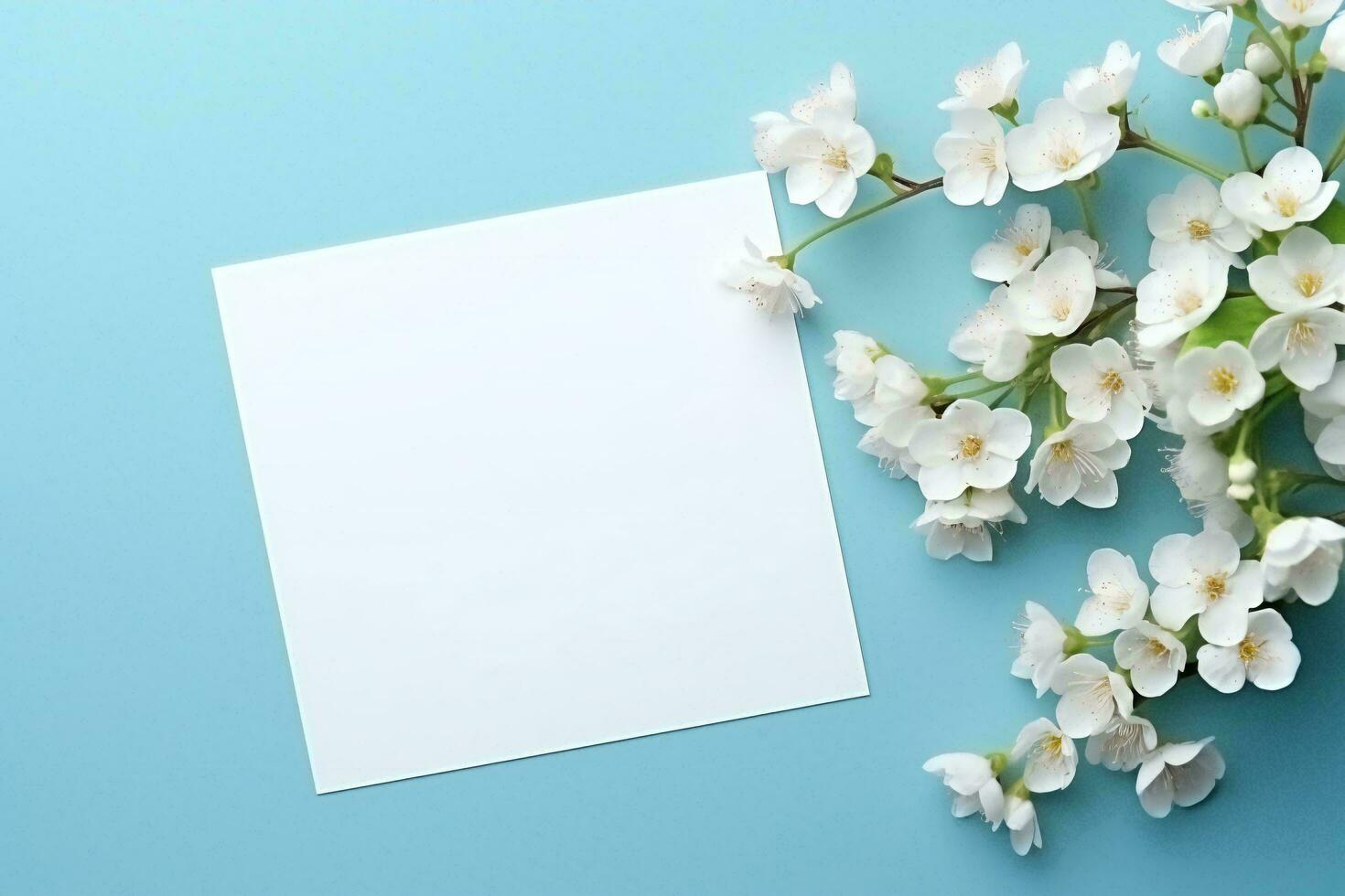 AI generated Blank paper with white flowers on pastel blue background, top view, flat lay photo