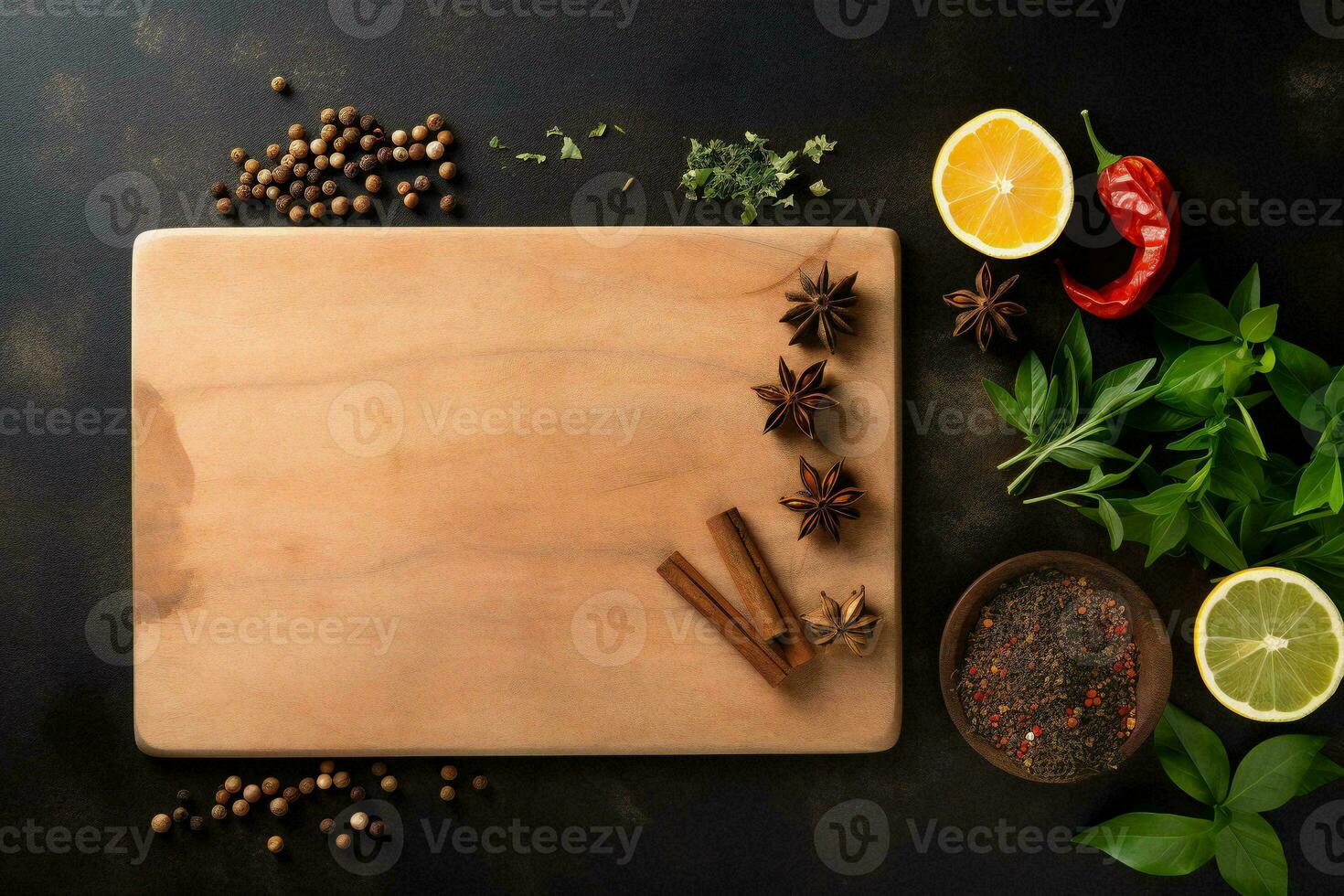 AI generated Empty wooden cutting board with spices and herbs on dark table, flat lay, top view photo