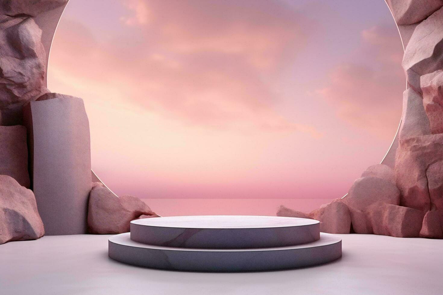 AI generated Marble podium stage with stones and sky background. Can be used for display your product photo