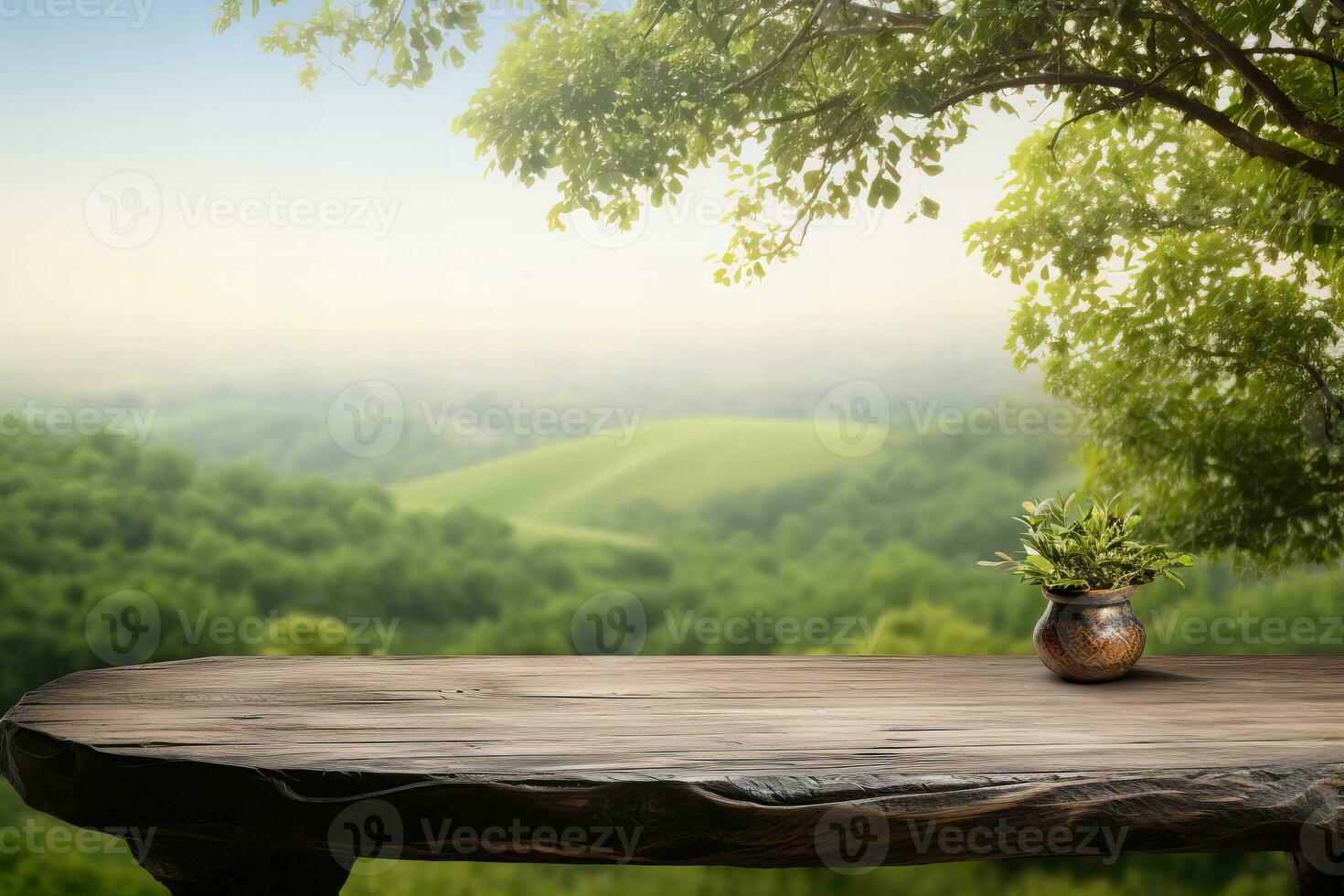 AI generated Wooden table with flower pot on landscape background, empty space for product display photo