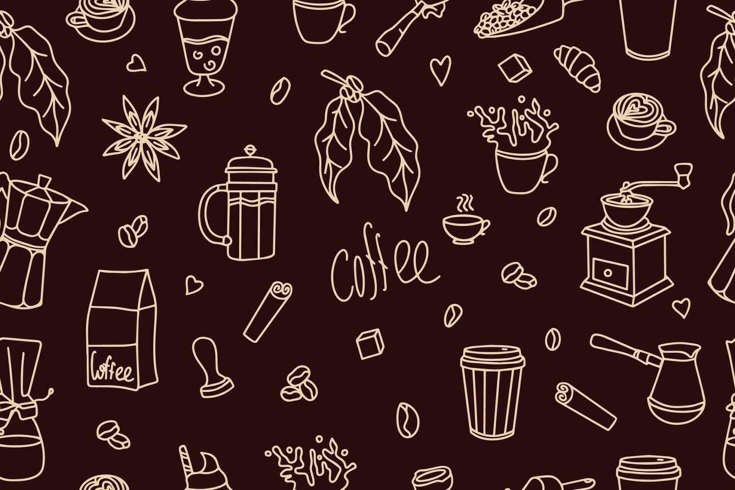 Coffee hand drawn doodle seamless pattern for packaging, textile, print. Modern doodle background with tea and coffee. Vector illustration