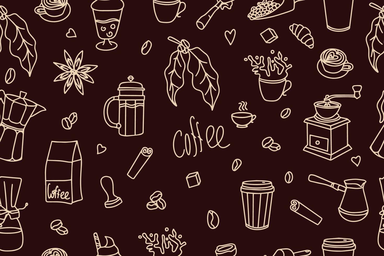 café mano dibujado garabatear sin costura modelo para embalaje, textil, impresión. moderno garabatear antecedentes con té y café. vector ilustración