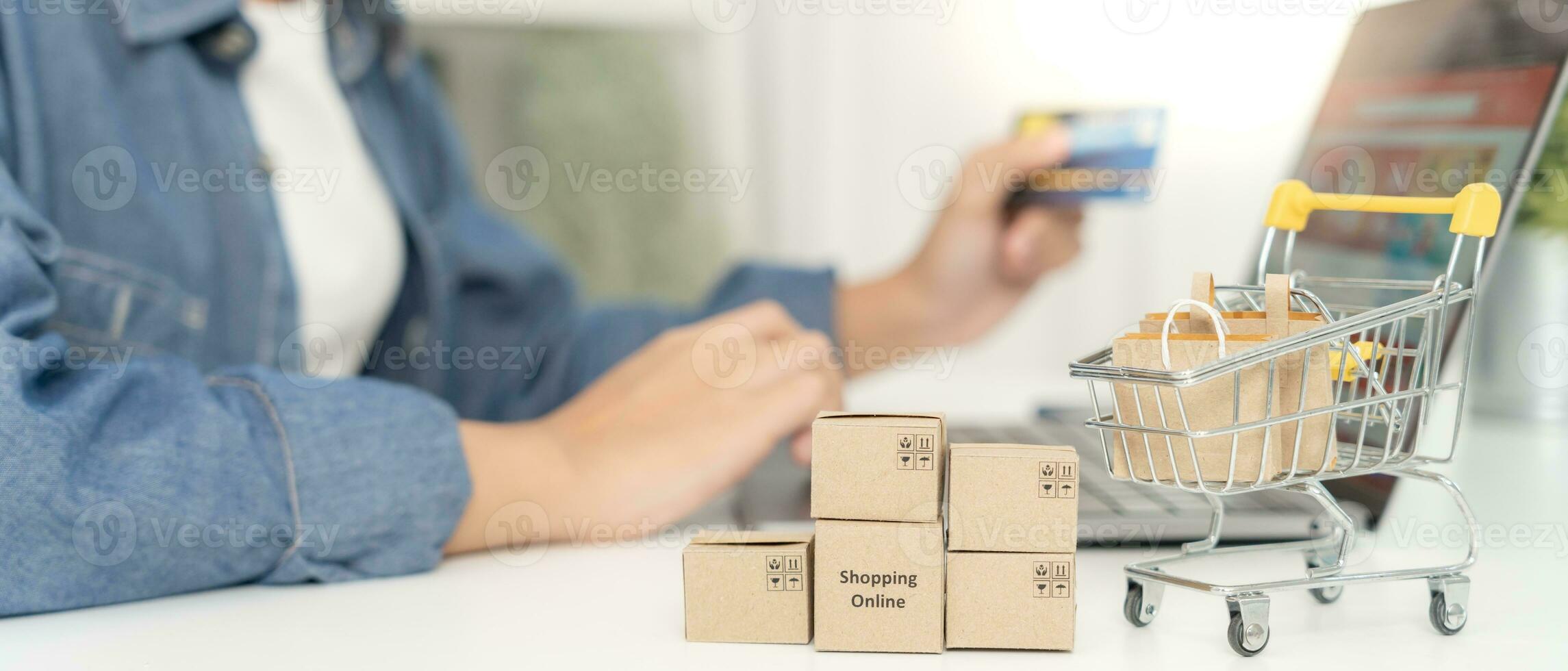 woman using computer for online shopping at home. stay home, technology, electronic commerce, internet, market place, final or summer or big sale, payment, discount for credit, offer, Low price photo