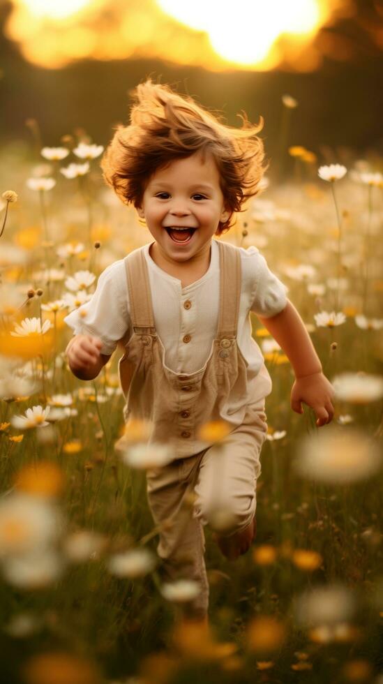 AI generated A fun and playful shot of a child running through a field of wildflowers, capturing the joy and freedom photo
