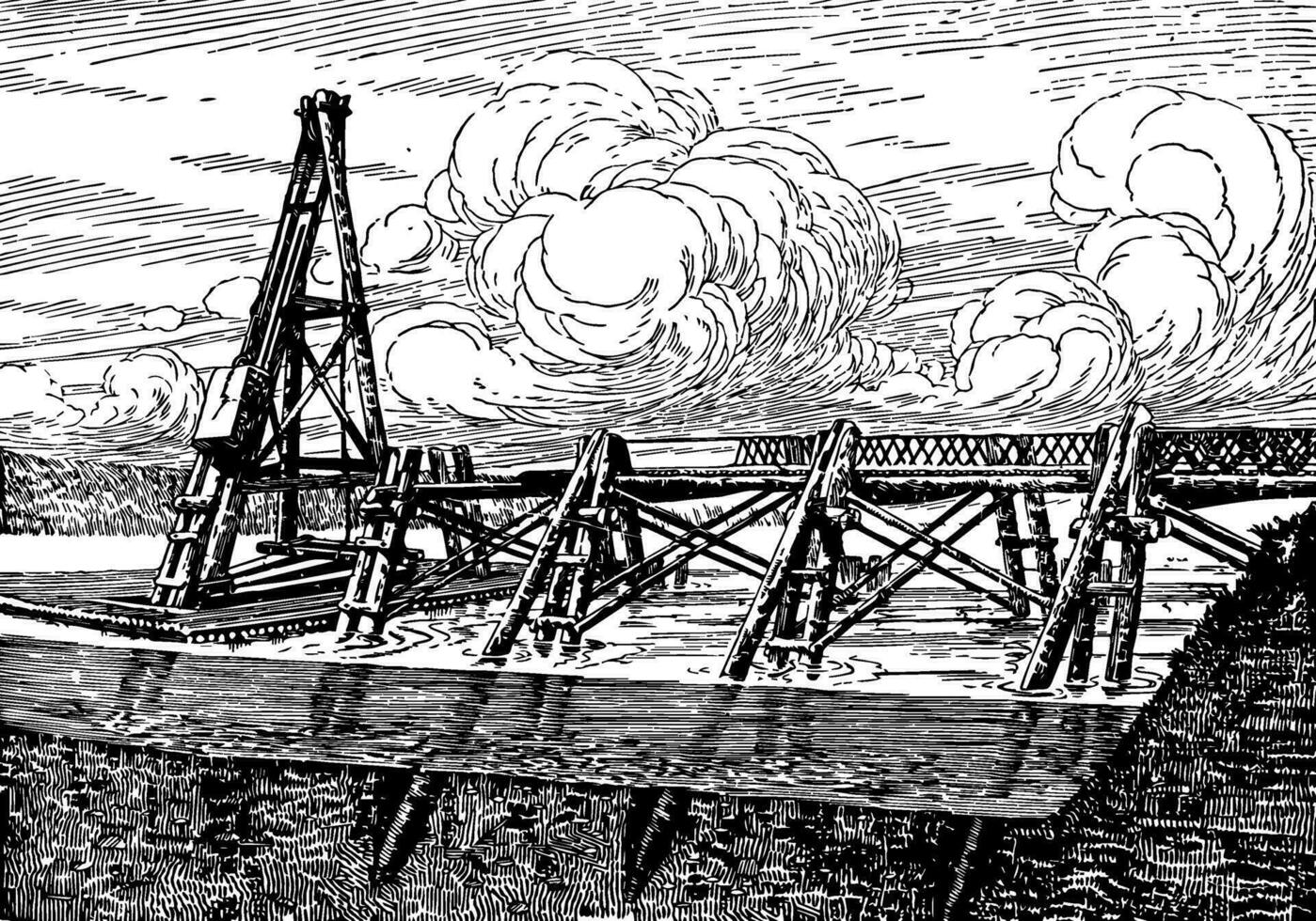 Caesar Bridge Over the Rhine built by Julius Caesar vintage engraving. vector