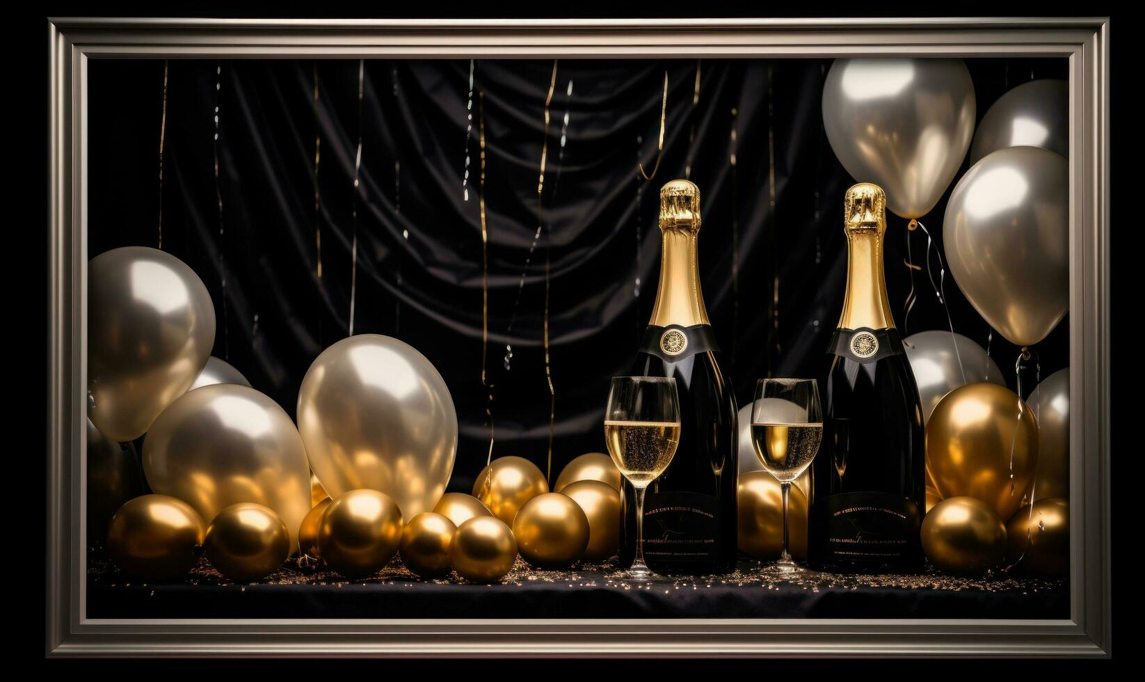 AI generated champagne glasses and clock with new year party photo