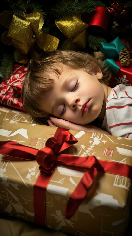 ai generado un entrañable Disparo de un niño dormido siguiente a un gigante presente, agotado desde un día de apertura regalos. foto