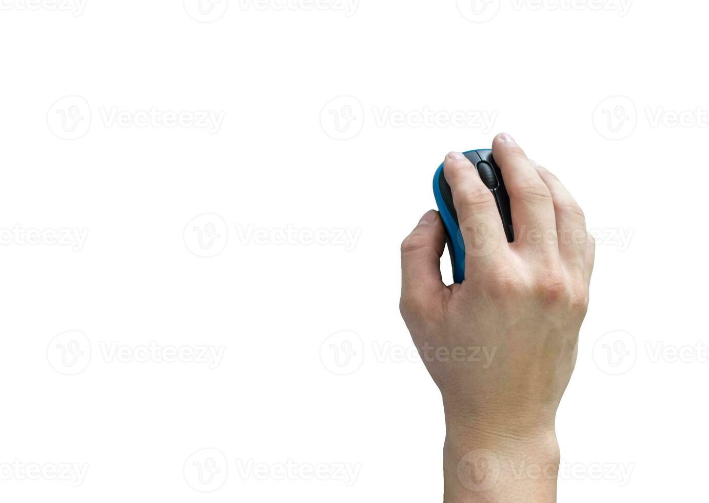 Male hand holding click mouse on background photo