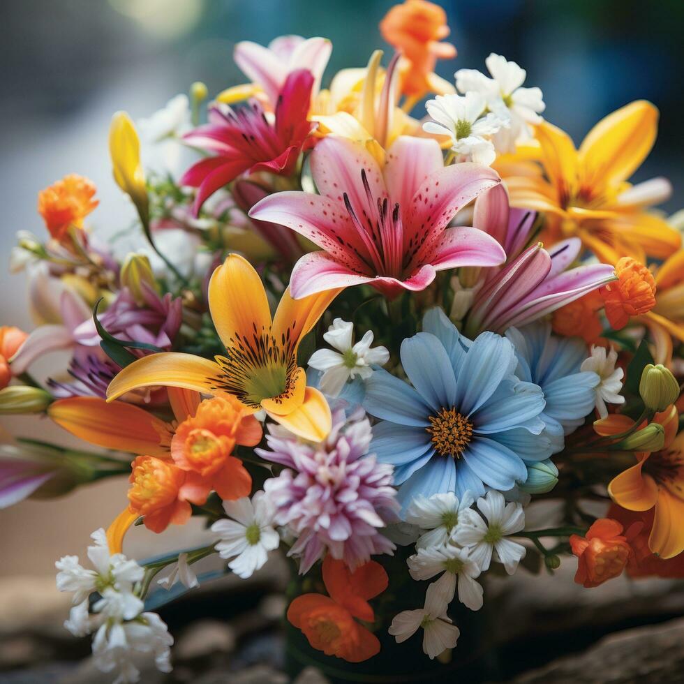 AI generated An eye-catching image of a colorful bouquet of freshly-picked spring flowers. photo