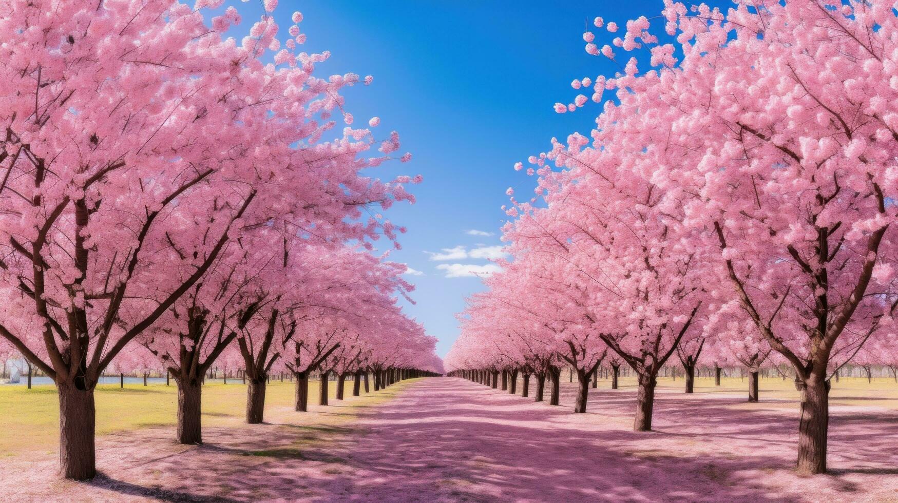 AI generated A field of pink cherry blossom trees in full bloom against a blue sky photo