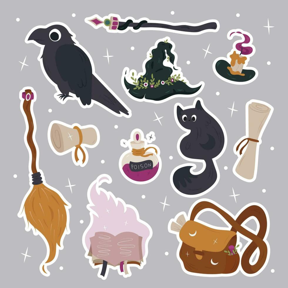 magic set of witchcraft stickers in hand draw style.Witch broomstick, book,scroll, poison,cat,raven. vector
