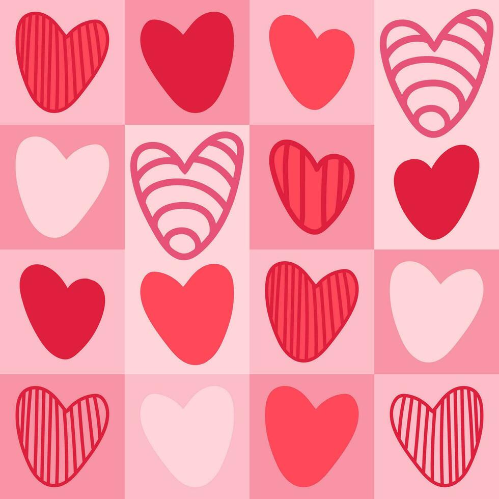 geométrico mano dibujar San Valentín día sin costura modelo de corazones en garabatear estilo. rosado y rojo colores. vector