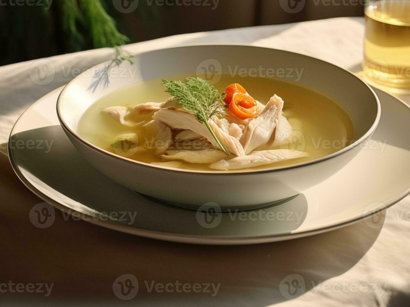AI generated Chicken soup on a plate photo