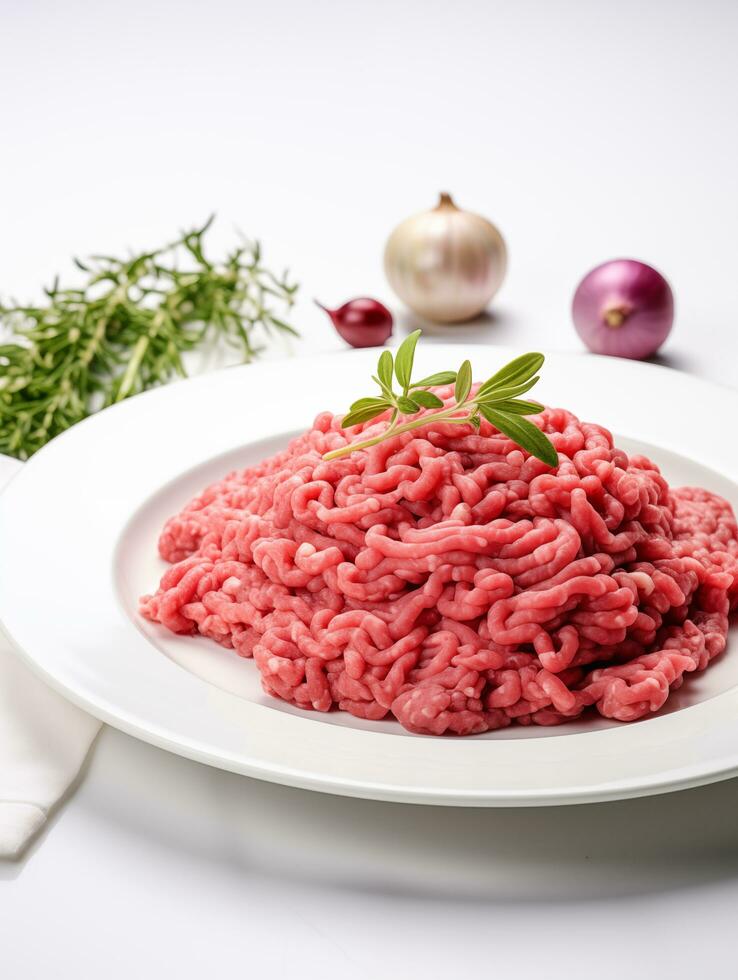 AI generated minced meat on a white plate photo