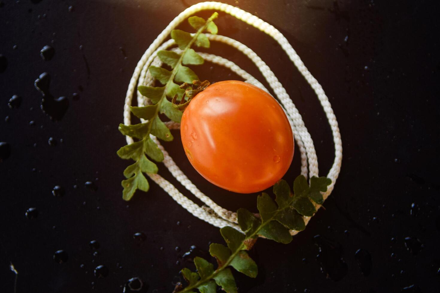 Tomatoe and leaf on black background photo