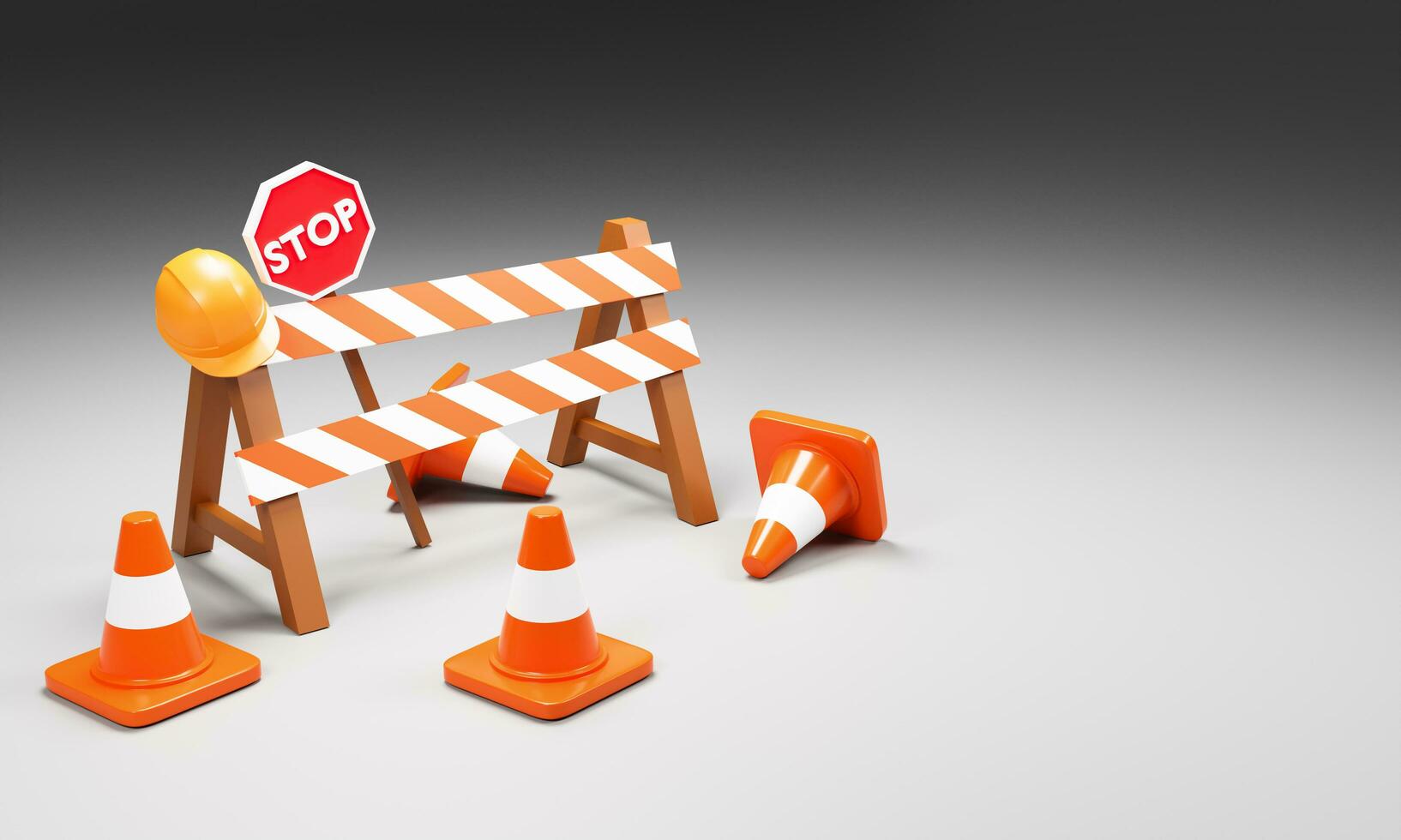 set of realistic cones traffic, safety hat, road work safety sign to indicate accident or red striped white road mark. 3d rendering photo