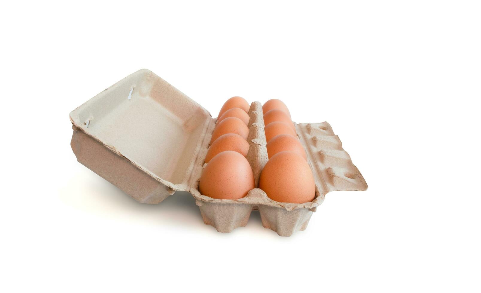 Open box with fresh brown eggs isolated on white background, clipping path. Fresh organic chicken eggs in carton box. photo