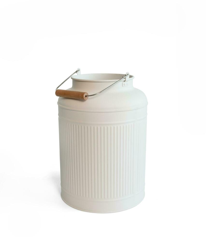 white bucket empty home gardening bucket. milk can with handle, isolated on a white background. photo