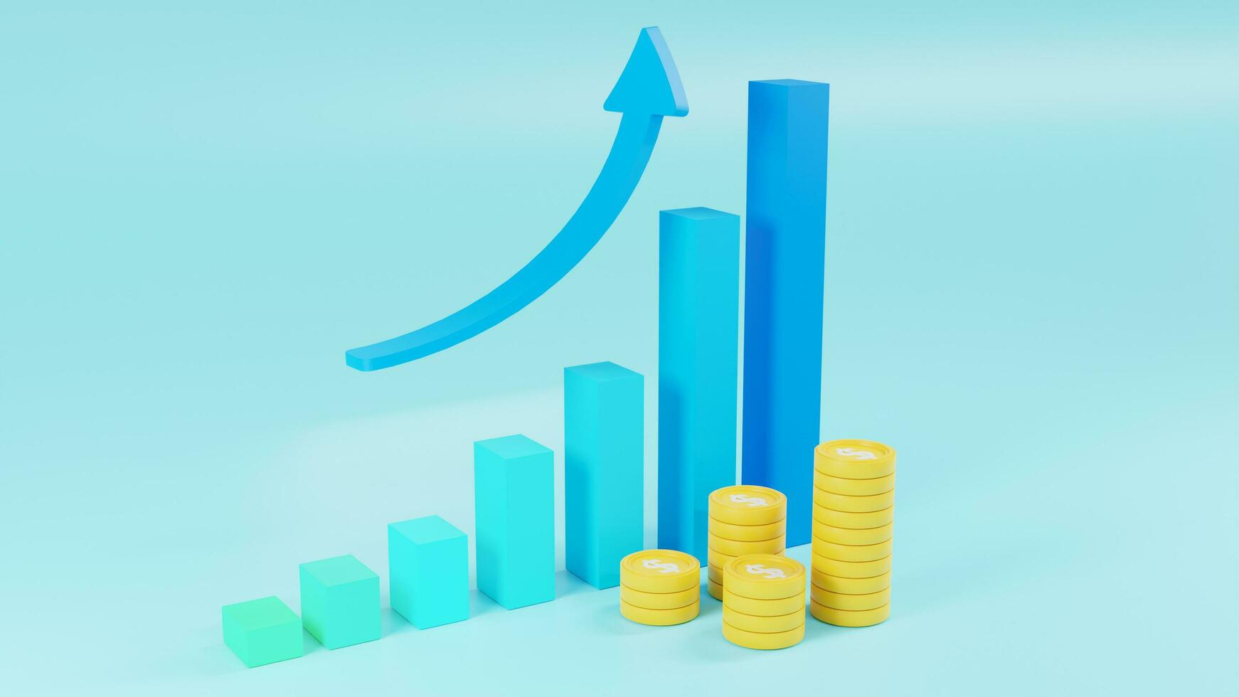Blue rising arrow and with investment growth trading stock. multiple arrangements of coins. Cryptocurrency, graft candlestick chart, financial, index, Bullish 3D rendering, photo