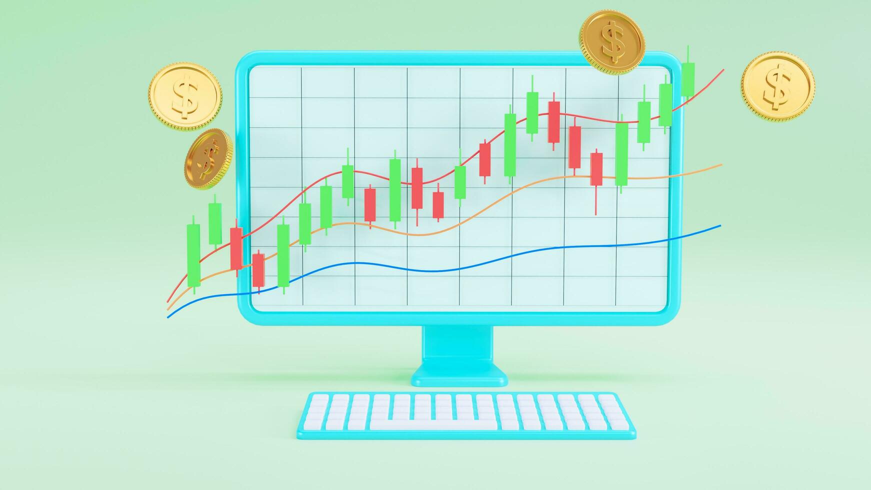 trading platform by 3d Computer and coin on green background use for banner, investment growth trading stock market. Cryptocurrency, graft candlestick chart, financial,. 3D rendering, illustration photo