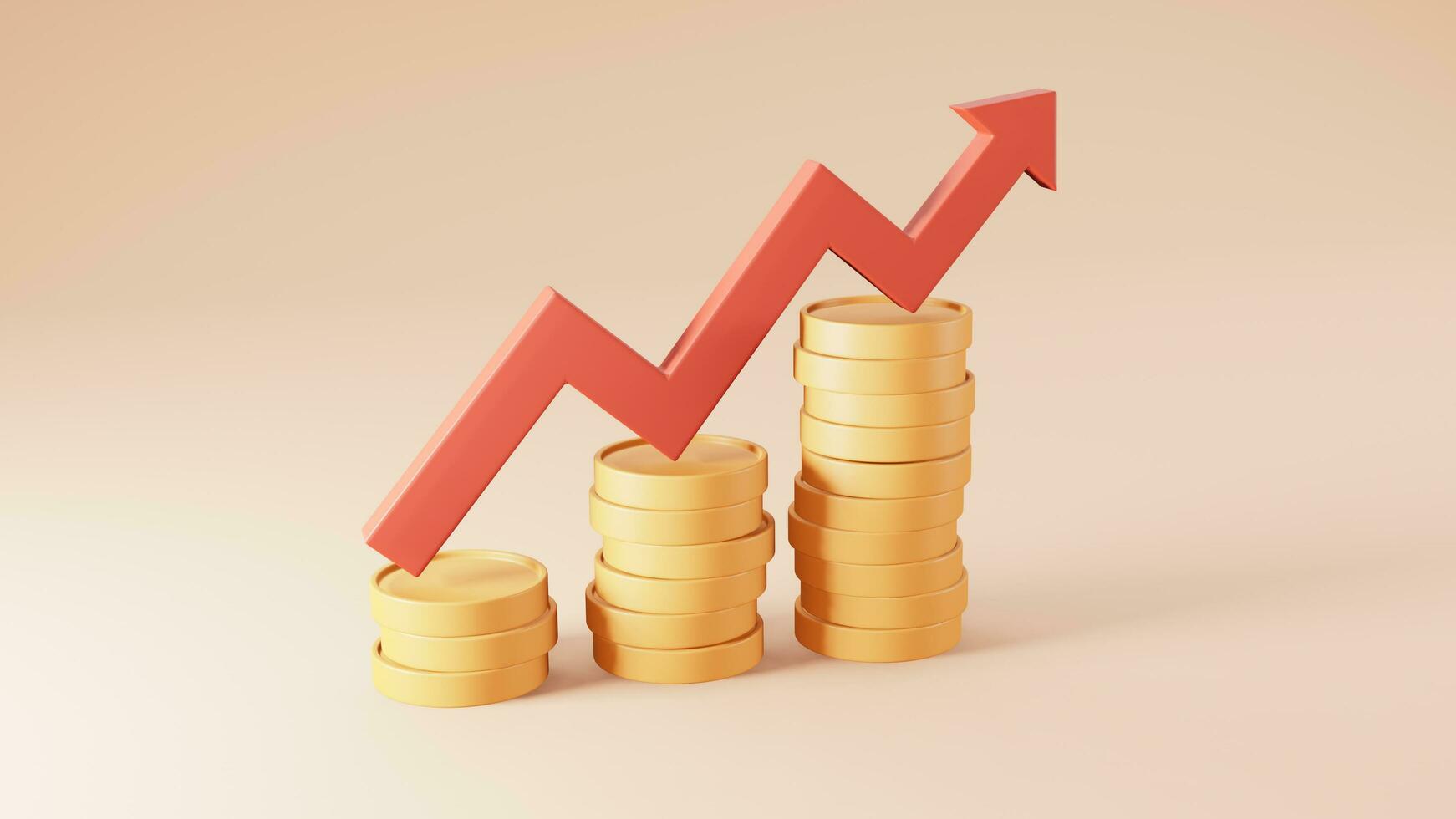 Red rising arrow and coin stacks profit graph on pink background. Financial success and growth concept. 3d rendering illustration photo