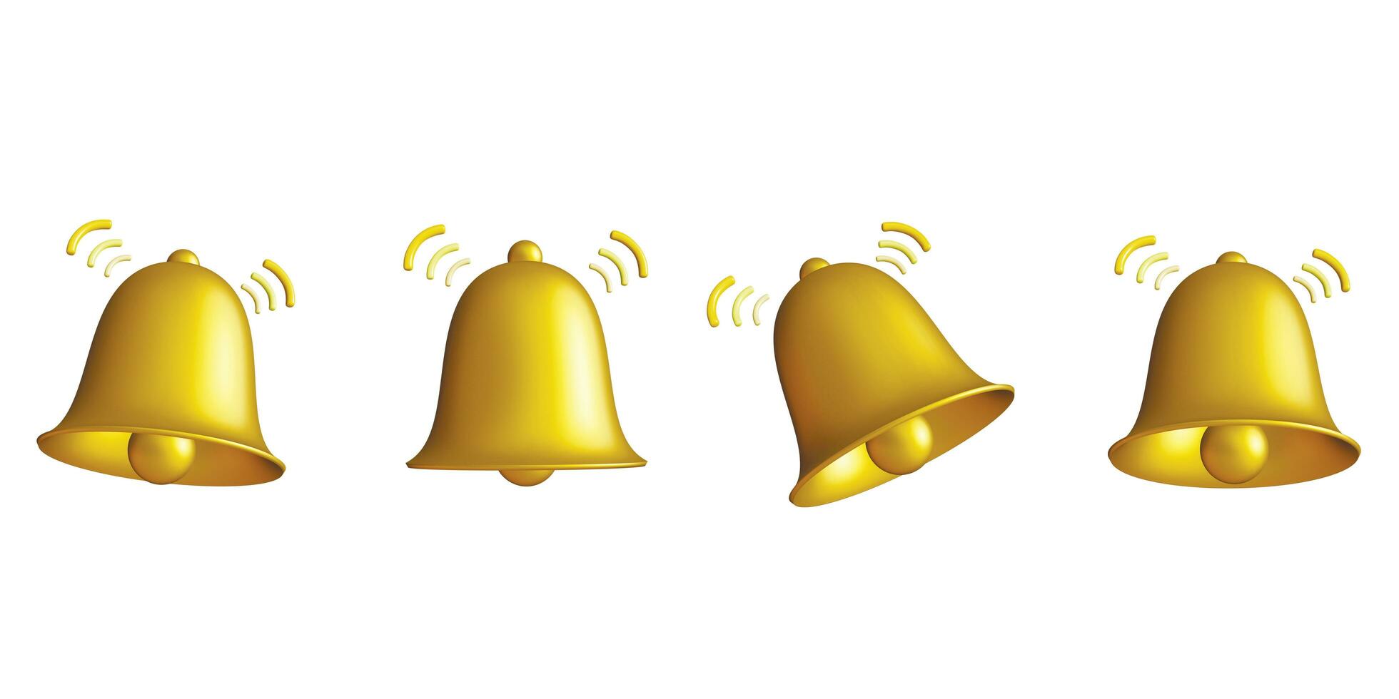 3d campana notificaciones conjunto de amarillo campanas icono. realista 3d objeto con sonido símbolo. creativo conceptual símbolo de notificaciones 3d hacer ilustración foto