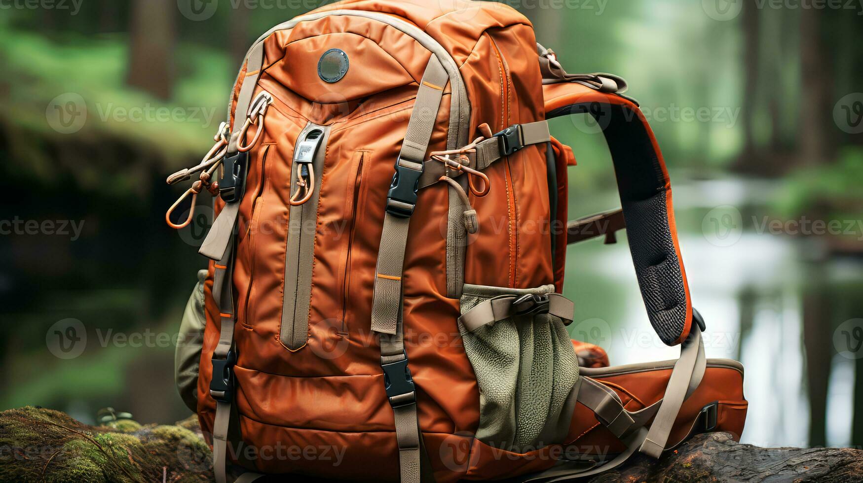 AI generated Backpack on the ground in the forest. Travel and adventure concept. photo