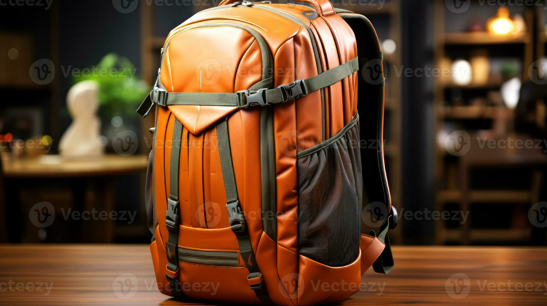 AI generated Backpack on the ground in the forest. Travel and adventure concept. photo