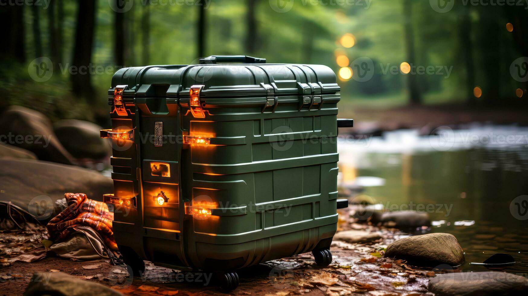 AI generated Garbage bin on the river bank in the forest. photo