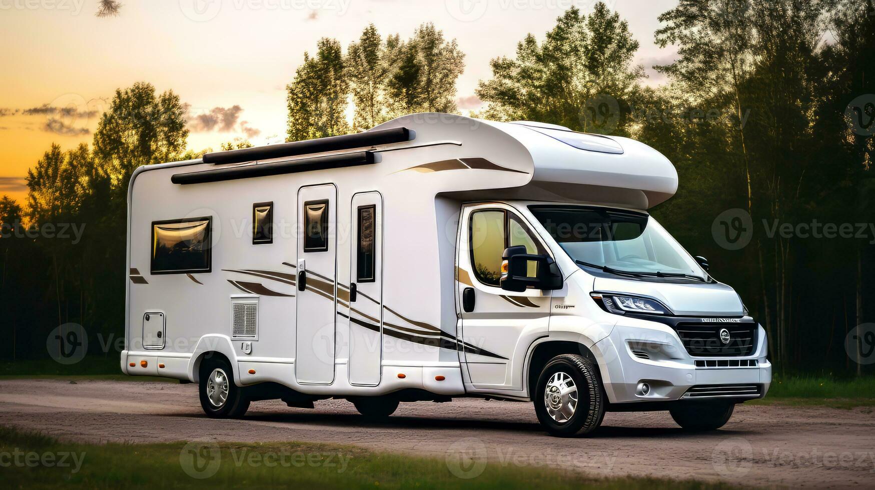 AI generated Camper car in the desert. Traveling in motor home. photo