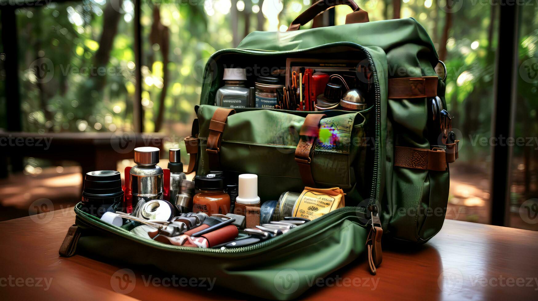 ai generado excursionismo equipo en un de madera mesa en el bosque y medicamento. foto