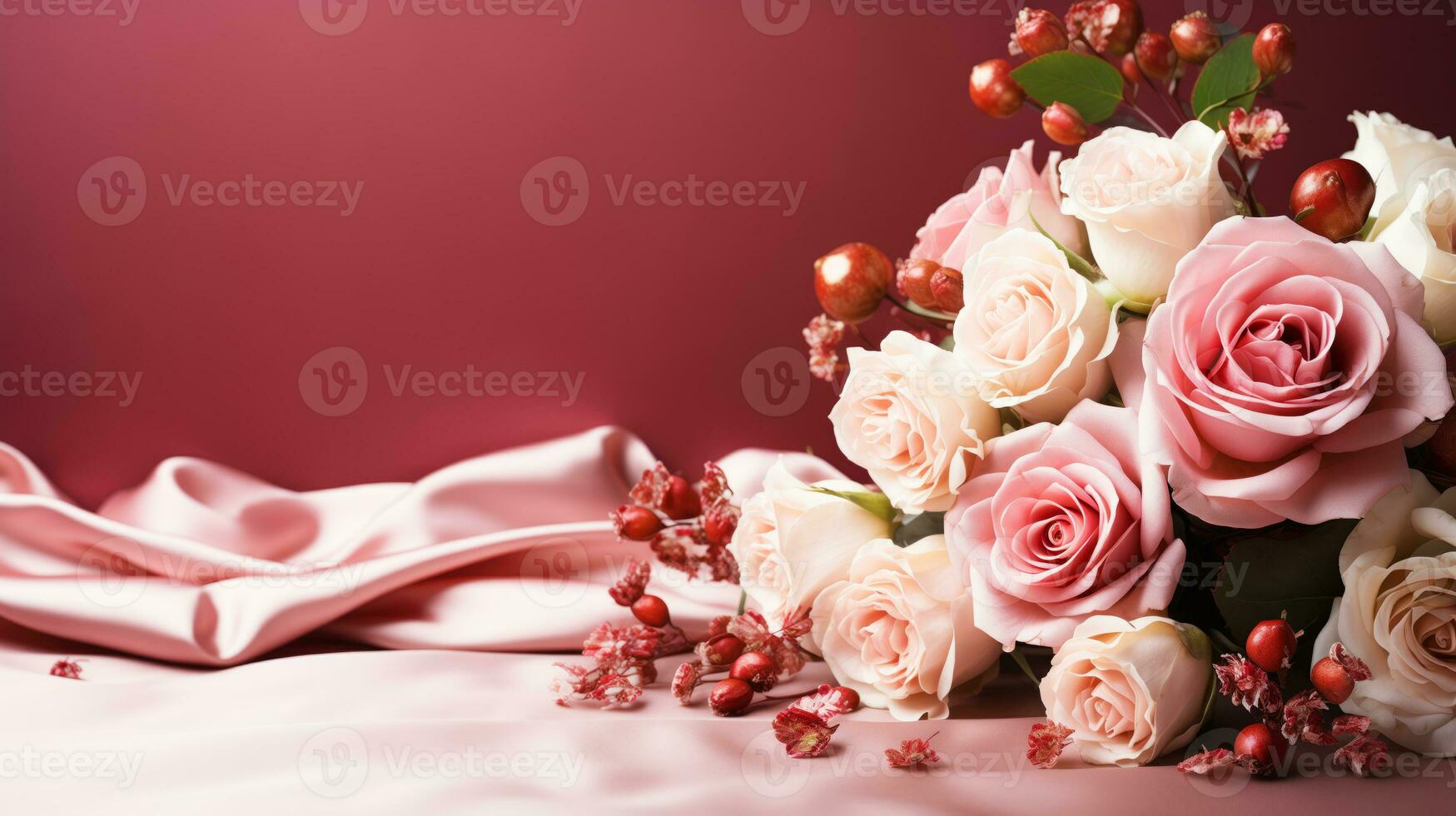 ai generado dos loros en un rama con rosado flores en el antecedentes. San Valentín día. foto