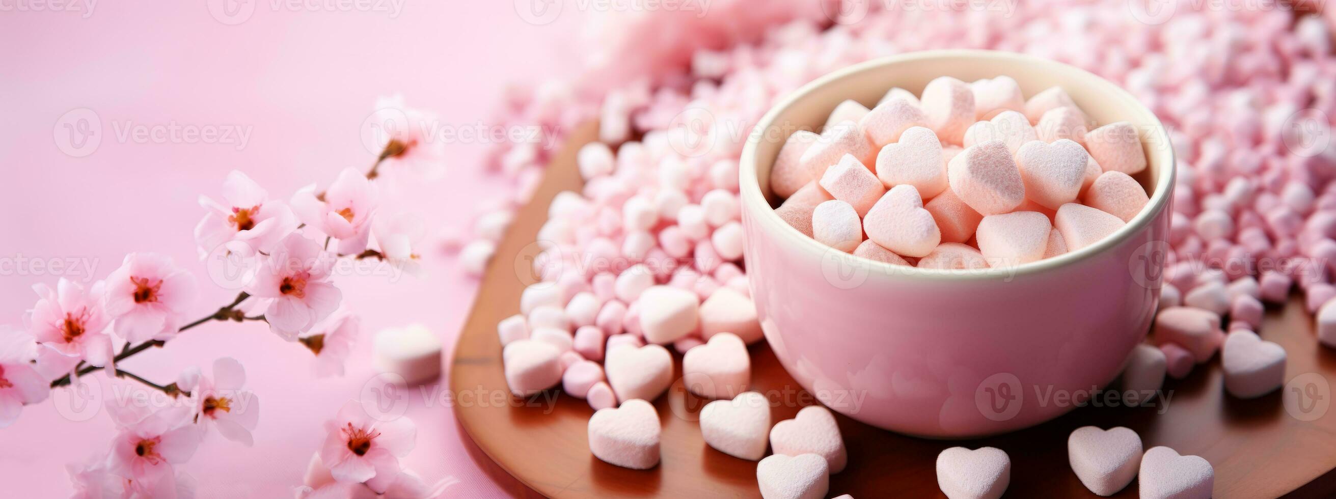 AI generated Valentine's day background with heart shaped candies and cup of tea. photo