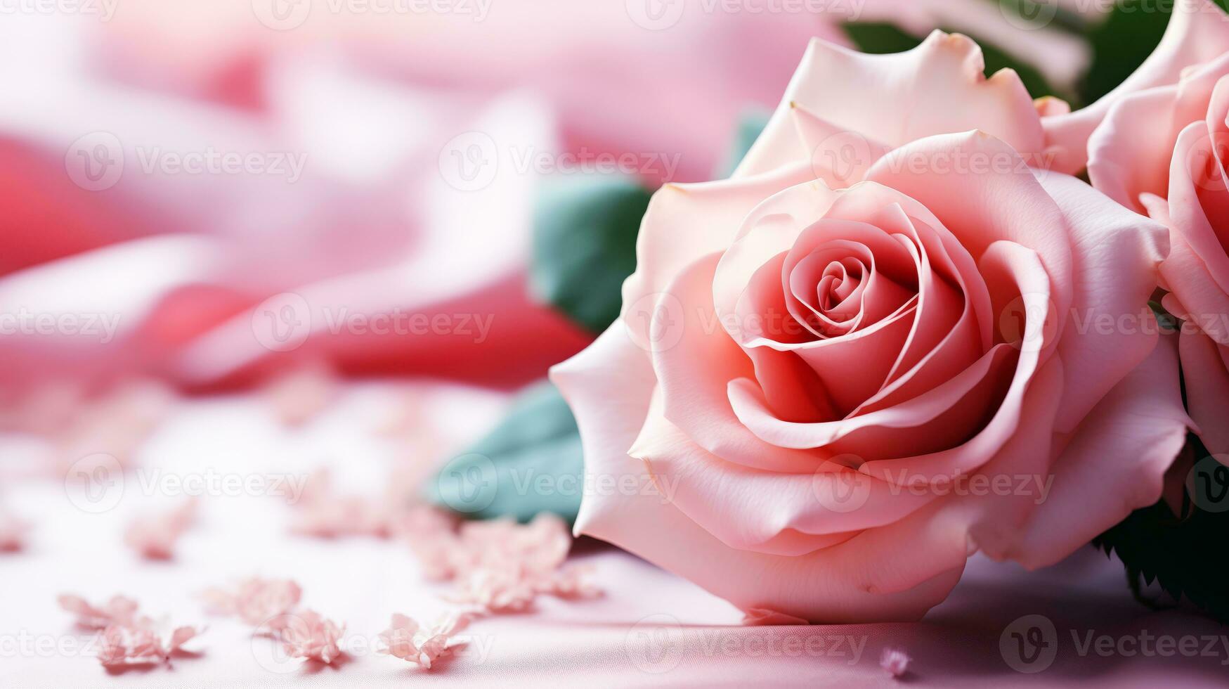 AI generated Two parrots on a branch with pink flowers in the background. Valentine's Day. photo
