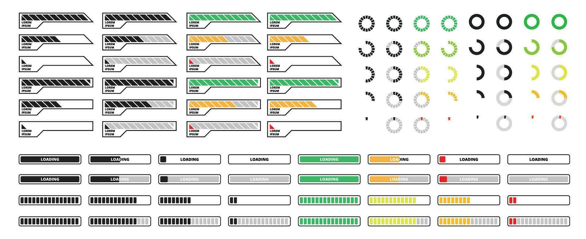 loading status, progress, indicator bar black and color bundle vector