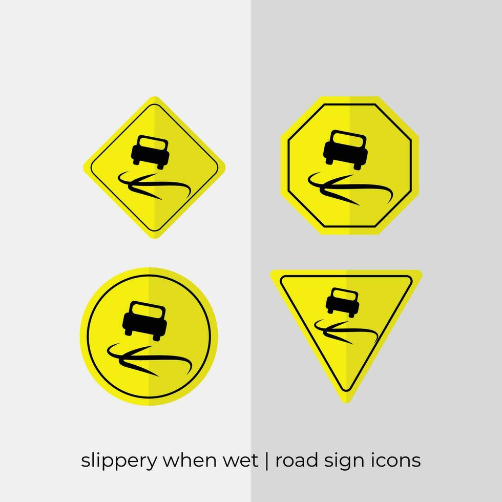 different slippery when wet road sign vector collection in yellow icons