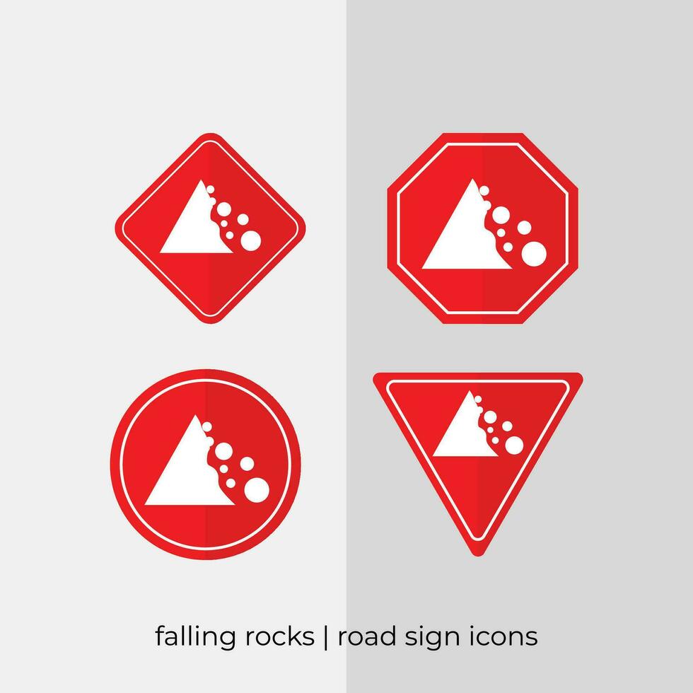 different falling rocks road sign vector collection in red icons