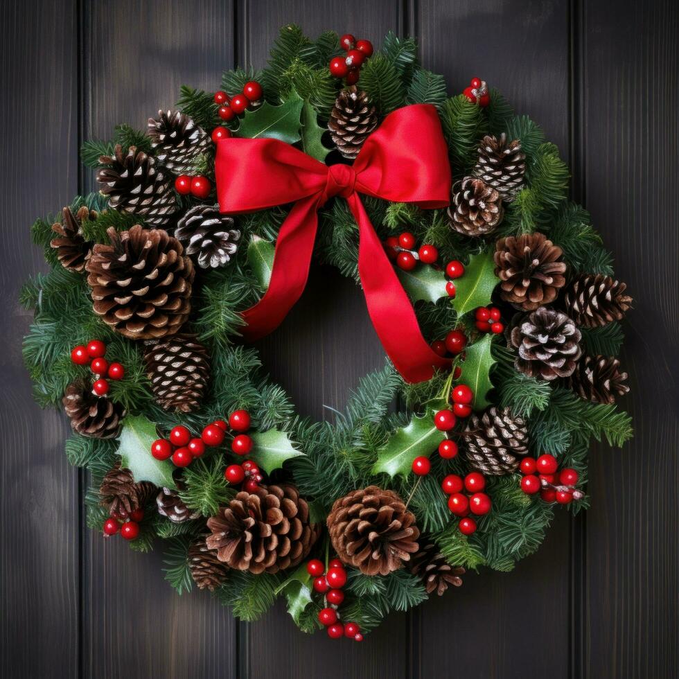 AI generated A festive wreath made up of pine cones and holly berries, photo