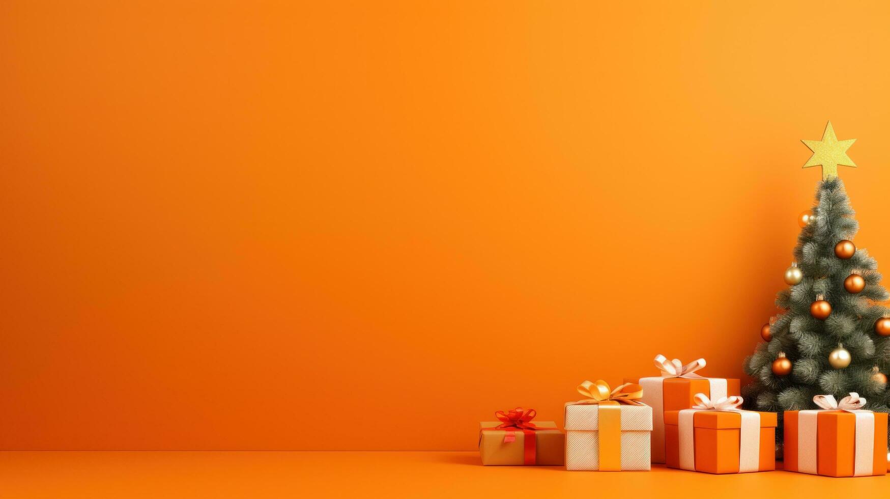 AI generated A bright orange background with a small Christmas tree and a few gift boxes placed around it photo