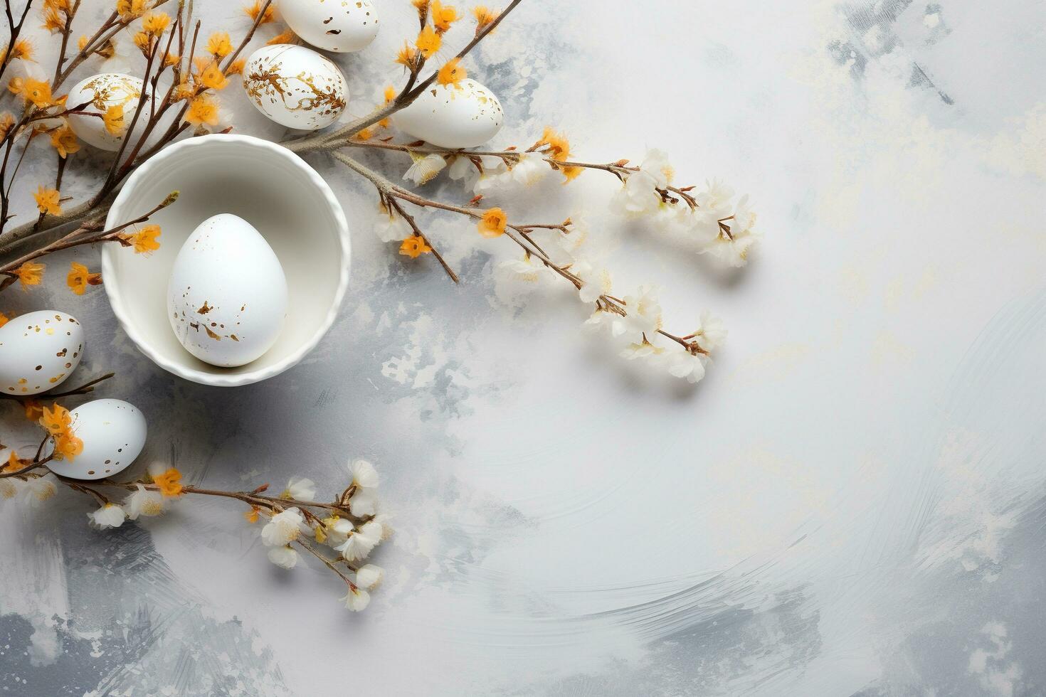 AI generated Easter background with eggs and branches in light pastel colors. Generated by artificial intelligence photo