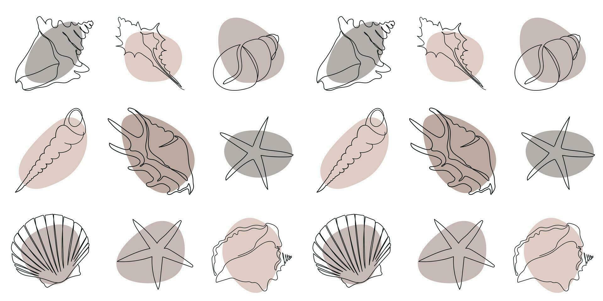 Seamless pattern with hand drawn outline seashells with colored abstract elements. Vector marine illustration for fashion design, fabric, paper, web design, textile