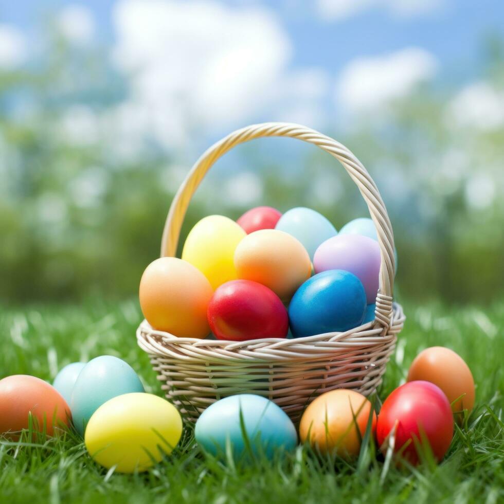 AI generated A cheerful Easter bunny holding a basket of eggs on a pink and purple background photo