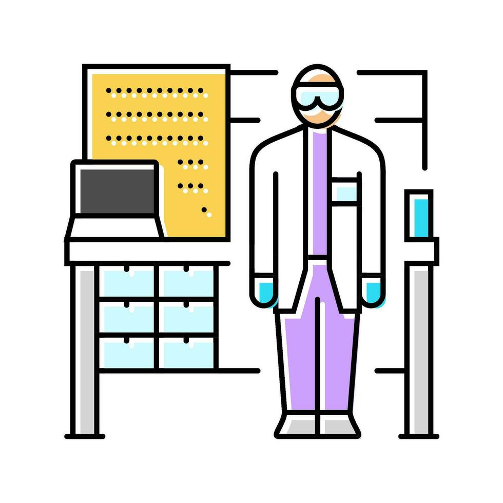 médico tecnólogo a banco de trabajo color icono vector ilustración